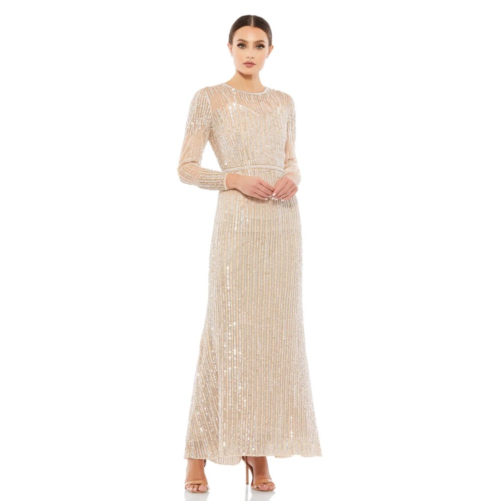 Mac Duggal Sequin Illusion Long Sleeve Trumpet Gown in Rose Gold NWT